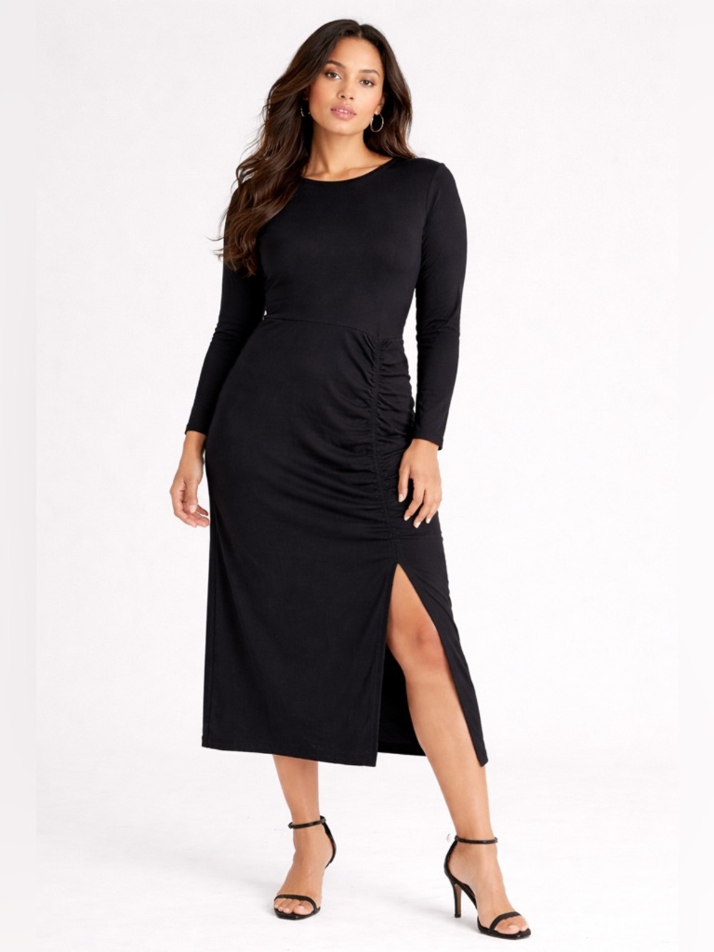 Boden Black Midi Dress 16R Ruched Side Long Sleeve Stretch Work Minimalist